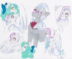 Size: 748x614 | Tagged: safe, artist:frozensoulpony, derpibooru import, hoity toity, oc, oc:dovely pinup, oc:jade luck, pegasus, pony, adopted offspring, bow, female, hair bow, male, mare, offspring, parent:cotton sky, parent:hoity toity, parent:rarity, stallion, traditional art