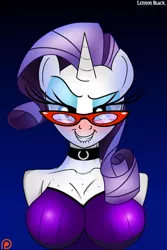 Size: 800x1200 | Tagged: alternate version, anthro, artist:lennonblack, bedroom eyes, blushing, boob freckles, breasts, busty rarity, cleavage, collar, derpibooru import, eyeliner, female, glasses, lip bite, looking at you, makeup, patreon, patreon logo, rarity, rarity's glasses, simple background, solo, solo female, suggestive