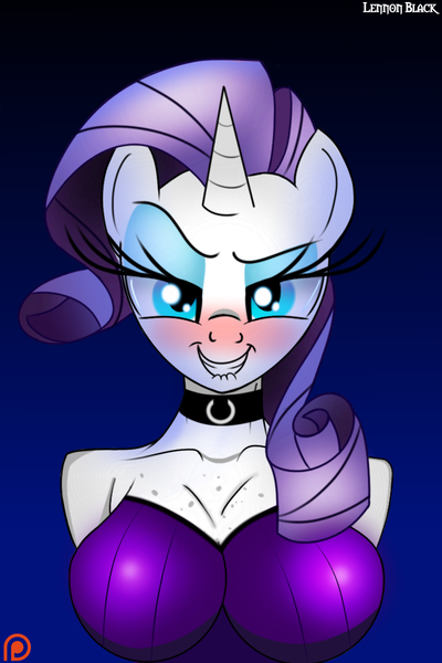 Size: 800x1200 | Tagged: anthro, artist:lennonblack, bedroom eyes, blushing, boob freckles, breasts, busty rarity, cleavage, collar, derpibooru import, female, lip bite, looking at you, rarity, simple background, solo, solo female, suggestive