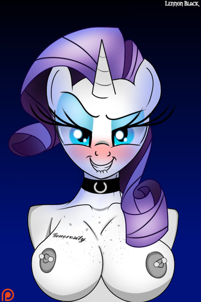 Size: 800x1200 | Tagged: anthro, areola, artist:lennonblack, bedroom eyes, blushing, body writing, boob freckles, breasts, busty rarity, clothes, collar, derpibooru import, female, generosity, lip bite, looking at you, nipple piercing, nipples, partial nudity, patreon, patreon logo, piercing, questionable, rarity, simple background, solo, solo female, tattoo, topless