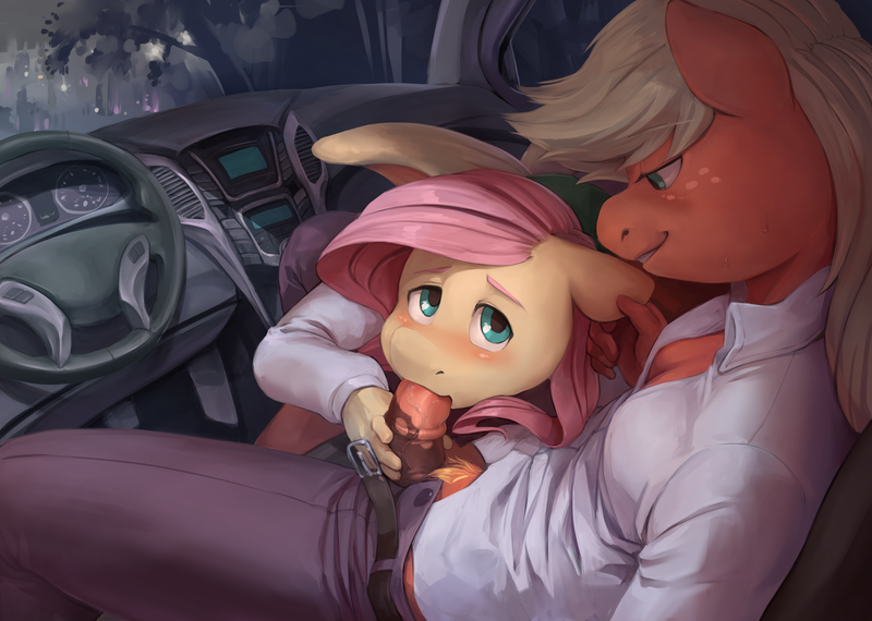 Size: 5244x3735 | Tagged: explicit, artist:audrarius, derpibooru import, applejack, fluttershy, anthro, earth pony, pegasus, fanfic:flutters of fancy, absurd resolution, appleshy, belt buckle, blowjob, blushing, breasts, car, car interior, car sex, casual sex, clothed sex, clothes, ear play, fanfic art, female, freckles, futa, futa applejack, futa on female, horsecock, hyundai elantra, image, intersex, medial ring, nudity, oral, pants, penis, png, pubic hair, road head, sex, shipping, shirt, smiling, stealth sex