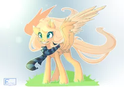 Size: 1280x922 | Tagged: safe, artist:feekteev, derpibooru import, oc, oc:mirta whoowlms, unofficial characters only, pegasus, pony, clothes, female, mare, scarf, smiling, solo, spread wings, wings