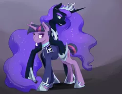 Size: 3300x2550 | Tagged: safe, artist:silfoe, derpibooru import, nightmare moon, twilight sparkle, alicorn, pony, unicorn, moonsetmlp, alternate hairstyle, alternate timeline, alternate universe, clothes, crown, ethereal mane, fangs, female, jewelry, lesbian, night maid twilight, nightmare takeover timeline, regalia, shipping, short tail, slit eyes, starry mane, twimoon, unicorn twilight, uniform