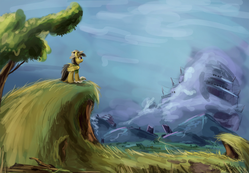 Size: 1786x1244 | Tagged: safe, artist:insanerobocat, derpibooru import, daring do, pegasus, pony, clothes, female, hat, hill, mare, scenery, signature, tree