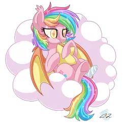 Size: 1600x1650 | Tagged: safe, artist:iheartjapan789, derpibooru import, oc, oc:paper stars, unofficial characters only, bat pony, pony, :t, amputee, bandage, cloud, colored pupils, cute, cute little fangs, ear fluff, eyeshadow, fangs, female, gift art, hug, lidded eyes, lying down, makeup, mare, multicolored hair, on back, pillow, pillow hug, resting, simple background, smiling, solo, sparkles, spread wings, stars, transparent background, underhoof, wings