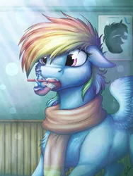 Size: 3000x4000 | Tagged: safe, artist:lupiarts, derpibooru import, minuette, rainbow dash, pony, absurd resolution, clothes, dentist, duo, female, floppy ears, mare, micro, scarf, size difference, smiling, tiny ponies, tongue out, toothbrush