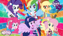 Size: 2560x1440 | Tagged: safe, artist:8ballgta3, derpibooru import, applejack, fluttershy, pinkie pie, rainbow dash, rarity, twilight sparkle, equestria girls, rainbow rocks, bass guitar, clothes, drum kit, drums, drumsticks, electric guitar, face paint, guitar, keytar, musical instrument, my little pony logo, ponied up, tambourine, wallpaper