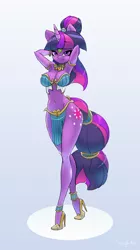 Size: 1600x2864 | Tagged: suggestive, artist:oughta, derpibooru import, twilight sparkle, anthro, plantigrade anthro, unicorn, absolute cleavage, alternate hairstyle, armpits, belly button, belly dancer, belly dancer outfit, bikini, breasts, busty twilight sparkle, cleavage, clothes, cutie mark, female, high heels, jewelry, loincloth, mare, midriff, ponytail, slave outfit, solo, solo female, swimsuit, thighlight sparkle, wrong cutie mark