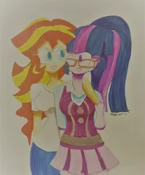 Size: 1280x1544 | Tagged: safe, artist:missmayaleanne, derpibooru import, sci-twi, sunset shimmer, twilight sparkle, equestria girls, alternate costumes, clothes, crystal prep academy uniform, female, lesbian, looking at each other, school uniform, scitwishimmer, shipping, simple background, sunsetsparkle, traditional art