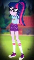 Size: 720x1280 | Tagged: safe, artist:8ballgta3, derpibooru import, sci-twi, twilight sparkle, equestria girls, legend of everfree, camp everfree outfits, clothes, converse, cute, female, glasses, hands behind back, legs, shoes, shorts, sneakers, solo, tree