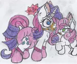 Size: 2281x1905 | Tagged: questionable, artist:cuddlelamb, derpibooru import, rarity, sweetie belle, pony, unicorn, angry, bondage, booties, censored vulgarity, diaper, diaper fetish, duo, ear fluff, grawlixes, horn ring, magic suppression, pacifier gag, poofy diaper, simple background, sisters, traditional art, whining, white background