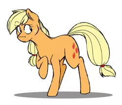 Size: 1900x1636 | Tagged: applejack, artist:strangiesleepy, derpibooru import, hatless, missing accessory, raised hoof, safe, simple background, solo