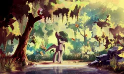 Size: 3000x1800 | Tagged: safe, artist:freeedon, color edit, derpibooru import, oc, oc:minty kitty, unofficial characters only, butterfly, pegasus, pony, backlighting, colored, crepuscular rays, forest, grass, lake, reflection, rock, scenery, smiling, solo