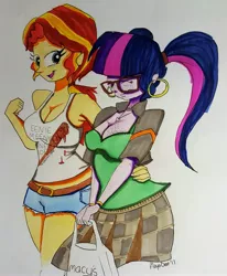 Size: 2822x3425 | Tagged: safe, artist:missmayaleanne, derpibooru import, sci-twi, sunset shimmer, twilight sparkle, human, equestria girls, alternate hairstyle, arm behind back, bag, belt, breasts, busty sunset shimmer, busty twilight sparkle, cleavage, clothes, curvy, ear piercing, earring, excited, eyes closed, female, freckles, glasses, hourglass figure, humanized, jewelry, lesbian, macy's, midriff, necklace, piercing, pigtails, ponytail, scitwishimmer, shipping, shirt, shopping, shorts, simple background, skirt, smiling, sunlight, sunsetsparkle, tanktop, the walking dead, traditional art