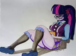 Size: 1280x946 | Tagged: suggestive, artist:missmayaleanne, derpibooru import, sci-twi, twilight sparkle, equestria girls, friendship games, book, breasts, busty twilight sparkle, clothes, crystal prep academy uniform, female, glasses, panties, pink underwear, pleated skirt, ponytail, reading, school uniform, shoes, signature, simple background, sitting, skirt, skirt lift, smiling, socks, solo, solo female, thighlight sparkle, thighs, thunder thighs, traditional art, underwear, upskirt