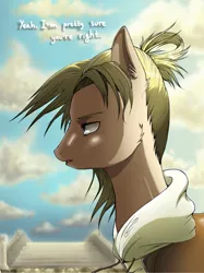 Size: 1360x1814 | Tagged: safe, artist:kristibrony, derpibooru import, ponified, pony, annie leonhardt, attack on titan, dialogue