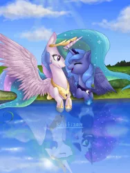 Size: 480x640 | Tagged: safe, artist:kristibrony, derpibooru import, nightmare moon, princess celestia, princess luna, alicorn, pony, altered reflection, crepuscular rays, crying, duality, duo, eyes closed, female, frown, grin, happy, lake, laughing, mare, open mouth, prone, reflection, royal sisters, s1 luna, sad, sisters, smiling, spread wings, water, wide eyes, wings