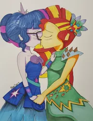 Size: 1280x1658 | Tagged: safe, artist:missmayaleanne, derpibooru import, sci-twi, sunset shimmer, twilight sparkle, equestria girls, legend of everfree, alternate hairstyle, blushing, breasts, clothes, crystal gala, dress, eyes closed, female, glasses, holding hands, kissing, lesbian, scitwishimmer, shipping, simple background, sunsetsparkle, traditional art