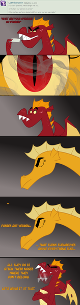 Size: 600x2296 | Tagged: artist:queencold, ask, ask caldera, comic, derpibooru import, dialogue, dragon, dragoness, dragon oc, female, garble, gray background, mother and son, nodding, oc, oc:caldera, safe, simple background, smoke, teenaged dragon, tumblr