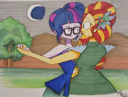 Size: 1280x977 | Tagged: safe, artist:missmayaleanne, derpibooru import, sci-twi, sunset shimmer, twilight sparkle, equestria girls, legend of everfree, clothes, crescent moon, crystal gala, dancing, dress, female, glasses, grass, lesbian, moon, mountain, scenery, scitwishimmer, shipping, signature, smiling, sunsetsparkle, traditional art, tree