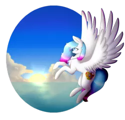 Size: 2500x2400 | Tagged: safe, artist:magicalbrownie, derpibooru import, oc, oc:heart light, unofficial characters only, pony, cloud, female, flying, high res, jewelry, mare, necklace, ocean, solo, spread wings, sunrise, wings