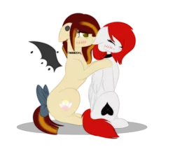 Size: 3000x2520 | Tagged: safe, artist:little-sketches, derpibooru import, oc, unofficial characters only, bat pony, pegasus, pony, bow, ear bite, eye clipping through hair, female, floppy ears, high res, mare, simple background, sitting, tail bow, transparent background