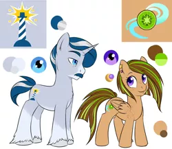 Size: 2303x2000 | Tagged: safe, artist:askbubblelee, derpibooru import, oc, oc:kiwi breeze, oc:silver lining, unofficial characters only, pegasus, pony, unicorn, body freckles, colored pupils, cutie mark, ear piercing, earring, facial hair, female, freckles, husband and wife, jewelry, male, mare, married couple, moustache, oc x oc, piercing, reference sheet, shipping, simple background, socks (coat marking), stallion, straight, unshorn fetlocks, white background