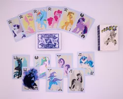 Size: 4745x3796 | Tagged: safe, artist:sky-railroad, derpibooru import, applejack, fluttershy, nightmare moon, octavia melody, pinkie pie, princess celestia, queen chrysalis, rainbow dash, rarity, starlight glimmer, trixie, twilight sparkle, twilight sparkle (alicorn), vinyl scratch, oc, oc:cotton tale, alicorn, pony, absurd resolution, card, prance card game