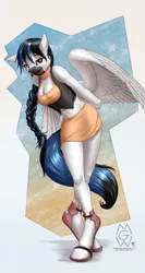 Size: 2000x3755 | Tagged: anthro, anthro oc, arm behind back, artist:mykegreywolf, belly button, boots, braid, braided ponytail, breasts, cleavage, clothes, derpibooru import, female, hoof boots, hoof shoes, legs, looking at you, mare, miniskirt, oc, oc:noon walker, pegasus, ponytail, raffle prize, safe, shoes, skirt, smiling, solo, thighs, unguligrade anthro, unofficial characters only