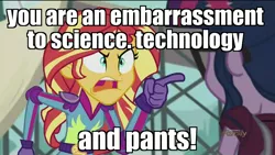 Size: 1920x1080 | Tagged: safe, derpibooru import, edit, edited screencap, screencap, sci-twi, sunset shimmer, twilight sparkle, equestria girls, friendship games, angry, discovery family logo, exploitable meme, family matters, image macro, meme, pointing, sunset yells at twilight