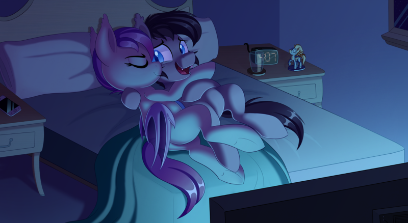 Size: 1449x794 | Tagged: safe, artist:thegamblehorse, deleted from derpibooru, derpibooru import, spitfire, oc, oc:purple nurple, oc:seachell, unofficial characters only, bat pony, pony, bed, bedroom, cuddling, eyes closed, fangs, female, lesbian, mare, oc x oc, pillow, shipping, television