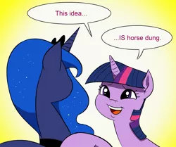 Size: 1345x1125 | Tagged: safe, artist:doublewbrothers, derpibooru import, edit, princess luna, twilight sparkle, twilight sparkle (alicorn), alicorn, pony, comic:luna land, comic, dialogue, disrespectful, horse dung, speech bubble