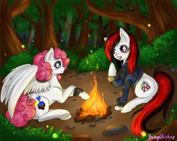 Size: 1024x819 | Tagged: safe, artist:bunnywhiskerz, derpibooru import, oc, oc:blackjack, oc:dandy, oc:dandy candy, unofficial characters only, pegasus, pony, unicorn, fallout equestria, fallout equestria: project horizons, campfire, camping, commission, female, forest, mare