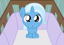 Size: 3076x2144 | Tagged: safe, artist:badumsquish, derpibooru import, trixie, pony, unicorn, :o, baby, baby pony, baby trixie, crib, cute, diatrixes, female, filly, looking at you, open mouth, sitting, solo, younger