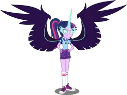 Size: 6035x4515 | Tagged: safe, artist:orin331, derpibooru import, sci-twi, twilight sparkle, equestria girls, legend of everfree, absurd resolution, clothes, commission, converse, glowing horn, looking at you, midnight sparkle, possessed, shirt, shoes, shorts, simple background, smiling, sneakers, socks, solo, spread wings, transparent background, wings