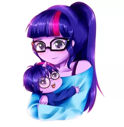 Size: 1000x1025 | Tagged: safe, artist:electricshine, derpibooru import, sci-twi, twilight sparkle, oc, oc:brilliant light, pony, equestria girls, alicornified, bust, clothes, duality, female, glasses, horned humanization, hug, open mouth, ponytail, race swap, scitwilicorn, self adoption, self paradox, simple background, smiling, white background, winged humanization, wings, younger