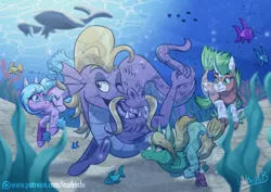 Size: 1024x724 | Tagged: artist:inuhoshi-to-darkpen, derpibooru import, fangs, fish, group, merpony, oc, one eye closed, open mouth, safe, sand, sea serpent, seaweed, signature, steven magnet, swimming, underwater, water, whale, wink