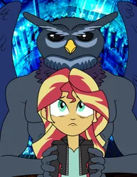 Size: 2550x3300 | Tagged: safe, artist:feroxultrus, derpibooru import, sunset shimmer, demon, owl, fanfic, equestria girls, abs, andras, black sclera, clothes, commander, duo, fanfic art, fear, feather, female, frown, goetia, hell, humanoid, jacket, looking up, male, possession, scruffy, spread wings, wings, worry