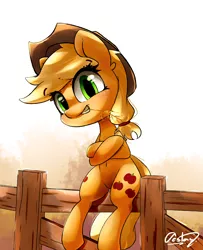 Size: 4062x5000 | Tagged: safe, artist:bloodatius, derpibooru import, applejack, earth pony, pony, absurd resolution, belly button, cowboy hat, crossed hooves, female, fence, freckles, grin, gritted teeth, hat, looking at you, mare, signature, sitting, smiling, solo, stetson