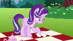 Size: 1920x1080 | Tagged: safe, derpibooru import, screencap, angel bunny, starlight glimmer, pony, no second prances, bellyrubs, cute, grin, lidded eyes, on back, open mouth, picnic blanket, smiling, starlight is a bunny fondler, teapot