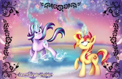 Size: 1024x663 | Tagged: safe, artist:animechristy, derpibooru import, part of a set, starlight glimmer, sunset shimmer, pony, unicorn, cute, female, hibiscus, image, magic, png, scenery, signature, sparkles, summer, water