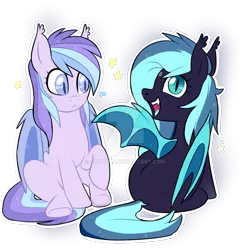 Size: 1024x1024 | Tagged: safe, artist:sugguk, derpibooru import, oc, oc:sparkling jade, oc:spectrum lights, unofficial characters only, bat pony, pony, female, mare, one wing out, simple background, sitting, transparent background, watermark