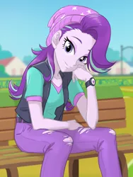 Size: 880x1170 | Tagged: safe, artist:ta-na, derpibooru import, starlight glimmer, equestria girls, mirror magic, spoiler:eqg specials, bench, clothes, cute, eyeshadow, female, glimmerbetes, houses, looking at you, makeup, pants, shirt, smiling, solo, vest, watch, wristwatch