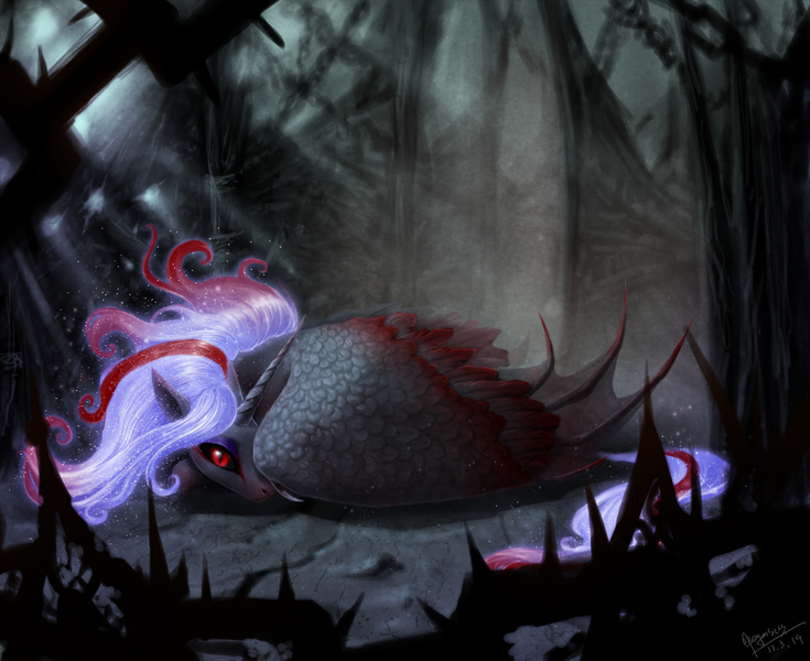 Size: 2480x2025 | Tagged: safe, artist:begasus, derpibooru import, nightmare moon, alicorn, pony, alternate design, black sclera, dead tree, female, forest, gradient mane, looking at you, mare, missing accessory, prone, red eyes, tree