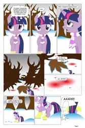 Size: 864x1297 | Tagged: artifact, artist:dekomaru, blood, clothes, comic, comic:the greatest gift, derpibooru import, safe, scarf, snow, tree, twilight sparkle, winter