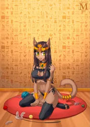 Size: 919x1300 | Tagged: anthro, anthro oc, artist:margony, bell, bell collar, bra, bracelet, breasts, cat lingerie, cat pony, cat tail, cat toy, clothes, collar, commission, crop top bra, crown, derpibooru import, egyptian, female, jewelry, kneeling, lingerie, mare, oc, original species, panties, regalia, smiling, solo, solo female, suggestive, tail ring, underwear, unguligrade anthro, unofficial characters only, yarn, yarn ball