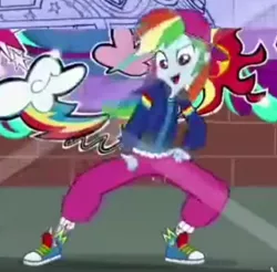 Size: 560x551 | Tagged: dead source, safe, derpibooru import, screencap, rainbow dash, eqg summertime shorts, equestria girls, get the show on the road, clothes, converse, graffiti, poor quality, rainbow dash always dresses in style, rap, rapper, rapper dash, sexy, shoes, watermark