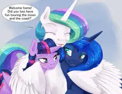 Size: 3300x2550 | Tagged: safe, artist:silfoe, derpibooru import, princess celestia, princess luna, twilight sparkle, twilight sparkle (alicorn), alicorn, pony, royal sketchbook, bedroom eyes, cute, cutelestia, dialogue, female, hug, lesbian, lunabetes, shipping, speech bubble, trio, twiabetes, twiluna, winghug