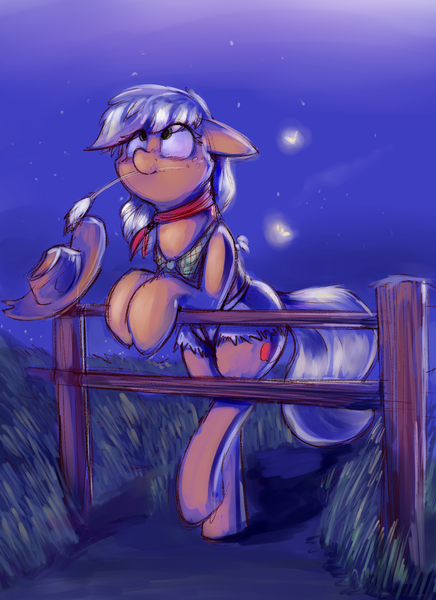 Size: 1537x2116 | Tagged: safe, artist:emberkaese, derpibooru import, applejack, earth pony, firefly (insect), pony, bandana, bipedal, bipedal leaning, clothes, cute, daisy dukes, female, fence, floppy ears, jackabetes, leaning, looking up, mare, neckerchief, night, shorts, solo, stars, straw