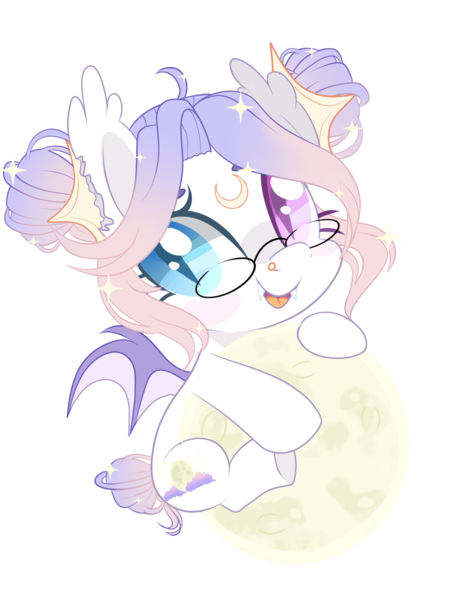 Size: 1878x2500 | Tagged: safe, artist:peachesandcreamated, derpibooru import, oc, oc:moonaroon, unofficial characters only, bat pony, pony, chibi, female, glasses, heterochromia, mare, moon, simple background, solo, tangible heavenly object, transparent background